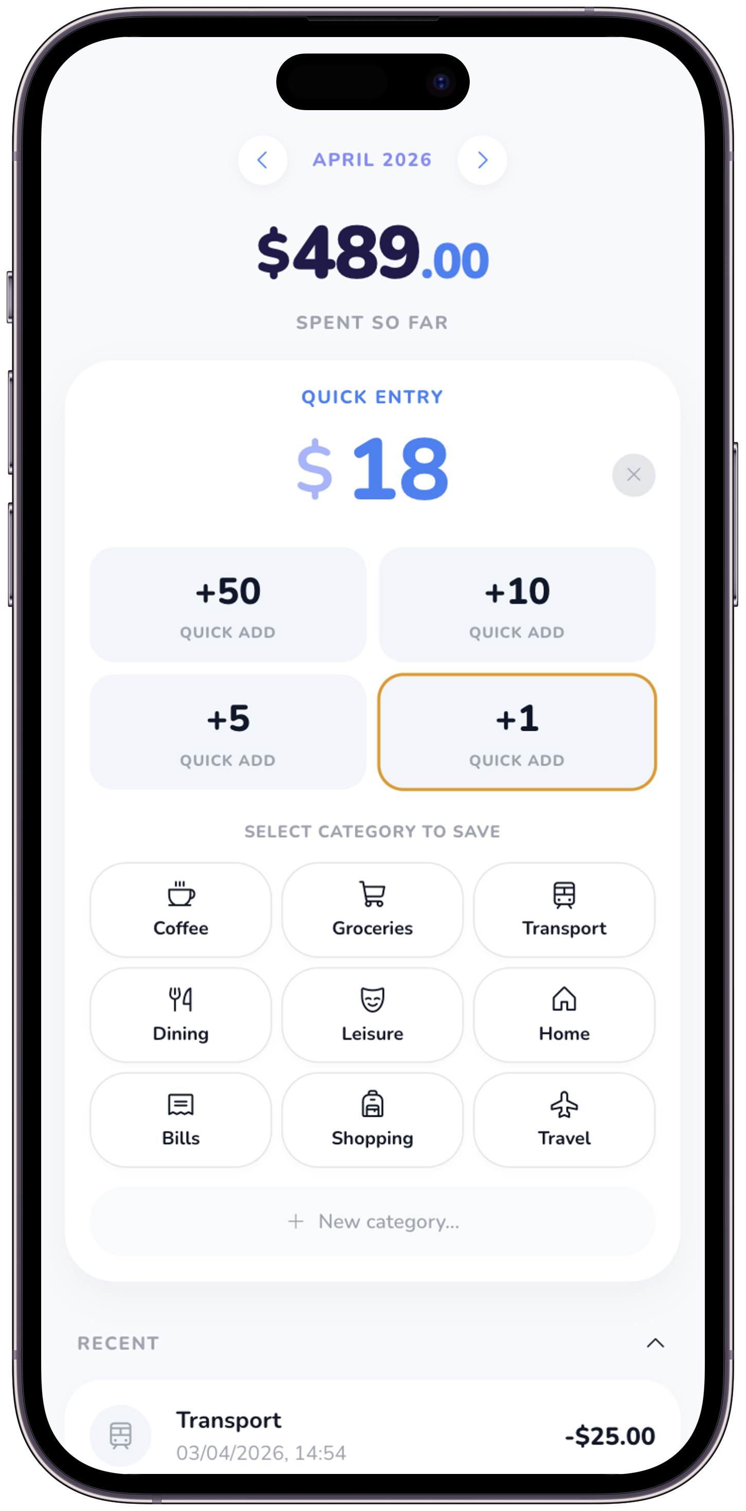 Building an amount with quick-add buttons and picking a category