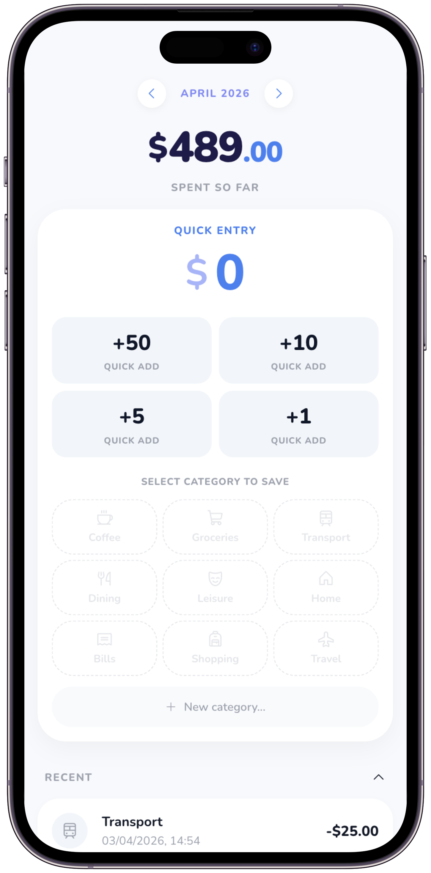 Watch That Dough main screen showing the month total and quick entry